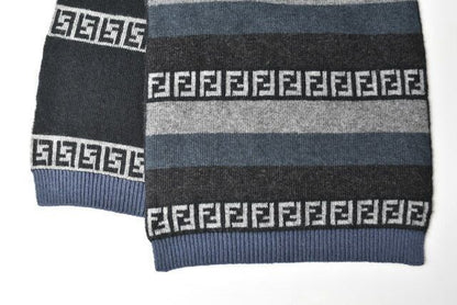 Fendi Scarf Fendi Winter Scarf Wool Blend FF Zucca Pattern Striped Blue Gray