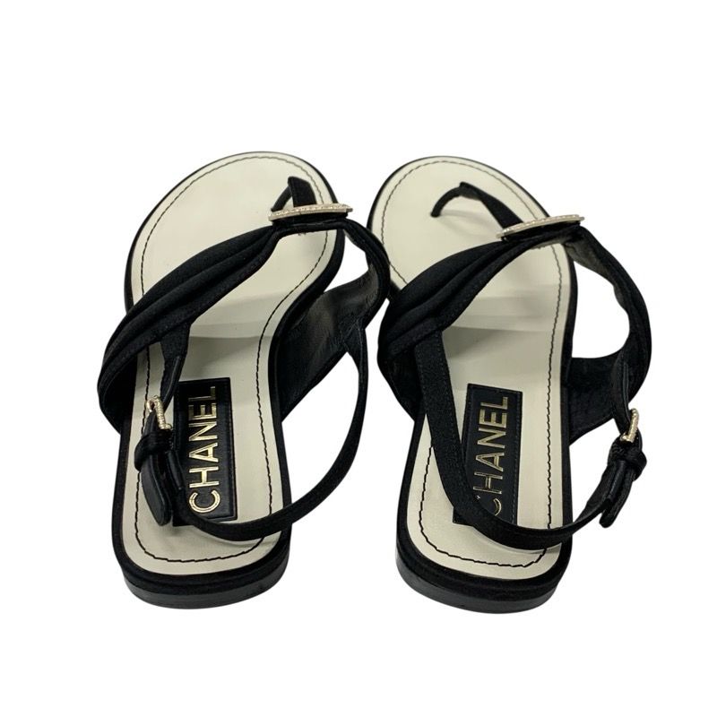 Chanel Sandals Shoes Satin Black Gold Here Mark Rhinestone Thong Flat