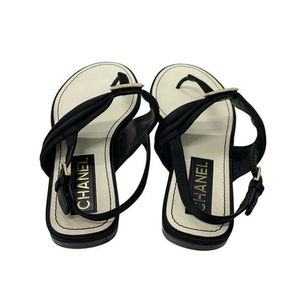 Chanel Sandals Shoes Satin Black Gold Here Mark Rhinestone Thong Flat
