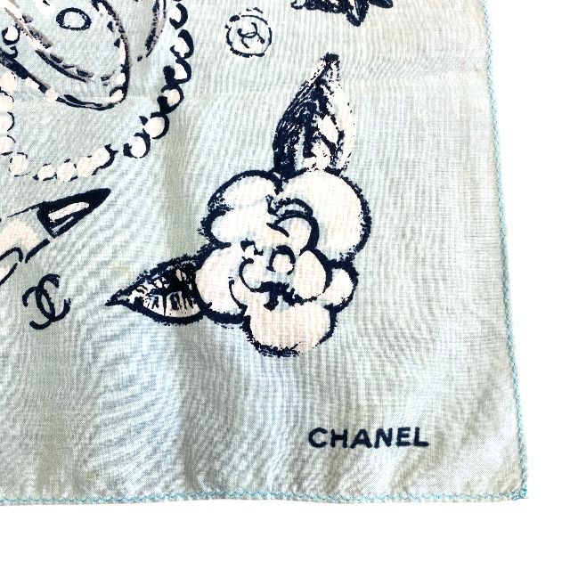 Chanel Scarf Handkerchief Bandana Camellia Logo Coco Mark Light Blue Black
