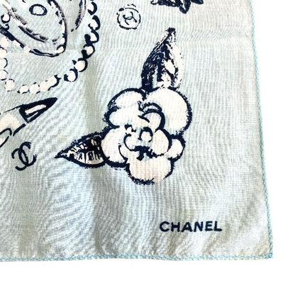 Chanel Scarf Handkerchief Bandana Camellia Logo Coco Mark Light Blue Black