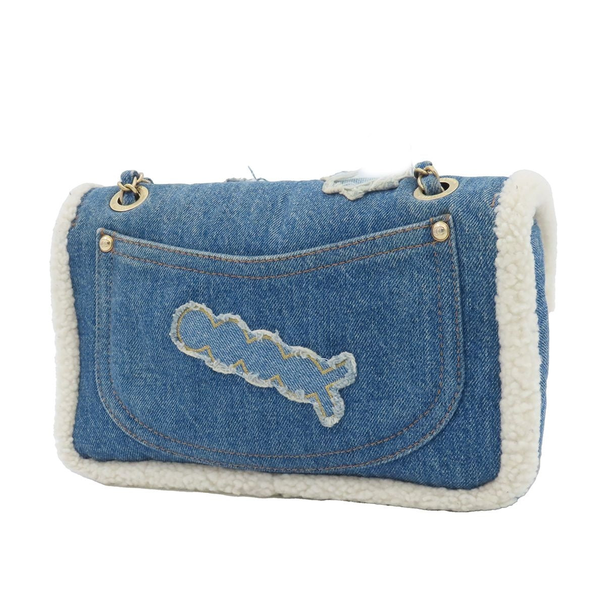 Chanel Shoulder Bag Egypt Line Chain Blue White Denim Shearling — view 2