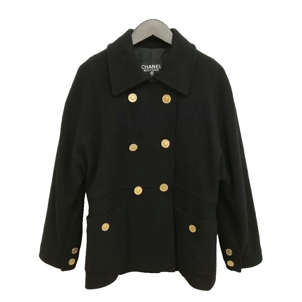 Chanel Vintage Coco Coin Button Double Breasted Jacket Coat Black
