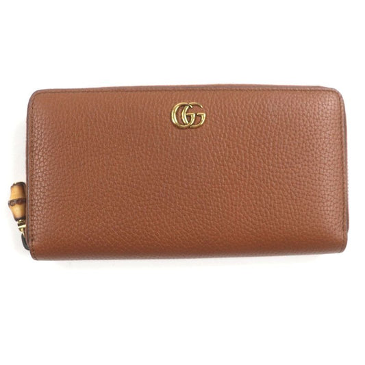 Gucci Bamboo GG Marmont Round Zipper Leather Wallet Long Brown