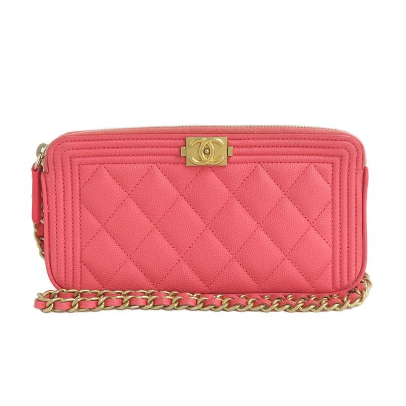 Chanel Boy Chain Clutch Wallet Bag Caviar Leather Pink