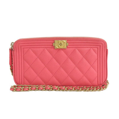 Chanel Boy Chain Clutch Wallet Bag Caviar Leather Pink
