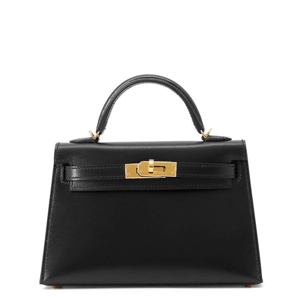 Hermes Mini Kelly 2 Sellier Black Gold Box Calf 2-Way Handbag
