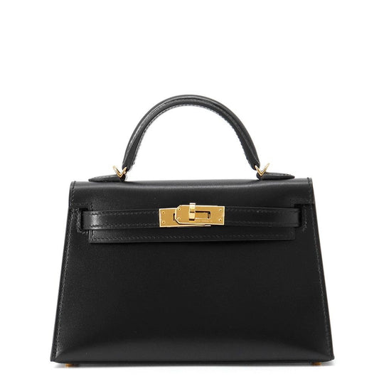 Hermes Mini Kelly 2 Sellier Black Gold Box Calf 2-Way Handbag