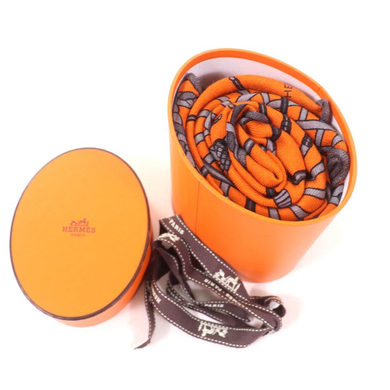 Hermes Rosange Shawl Cashmere Silk Orange/gri-cles Cles Scarf With Box Made In