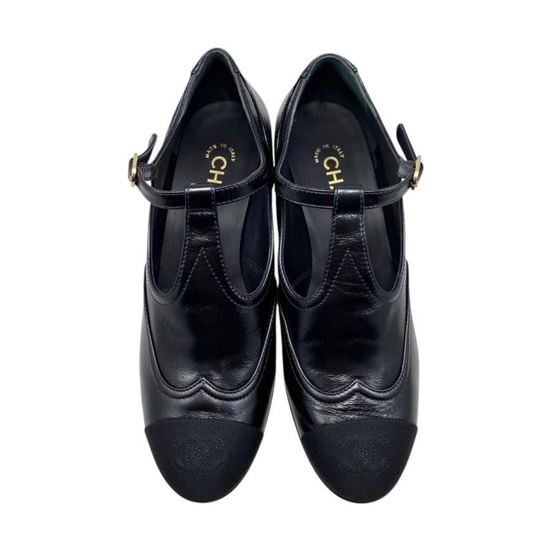 Chanel Heel Pumps Mary Jane G46443 37 1 2 Size Leather Coco Mark Black Gold