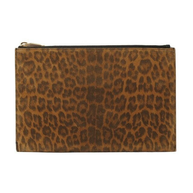 Saint Laurent Paris Clutch Bag Flap Pouch Leopard Suede Brown