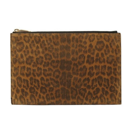 Saint Laurent Paris Clutch Bag Flap Pouch Leopard Suede Brown