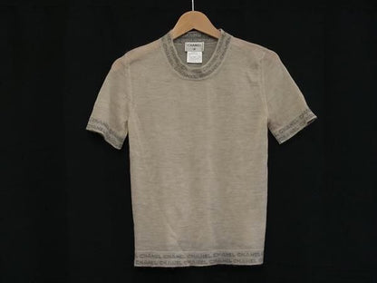 CHANEL P12374v00538 Logo Cashmere Short Sleeve Shirt Cardigan Size 36