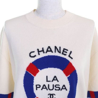 CHANEL P60520 100% Cashmere LA Pausa Coco Logo Short Sleeves Knit Ivory Blue