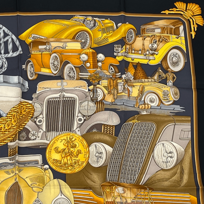 Hermes Carre 90 Automobile Black And Gold Scarf Silk