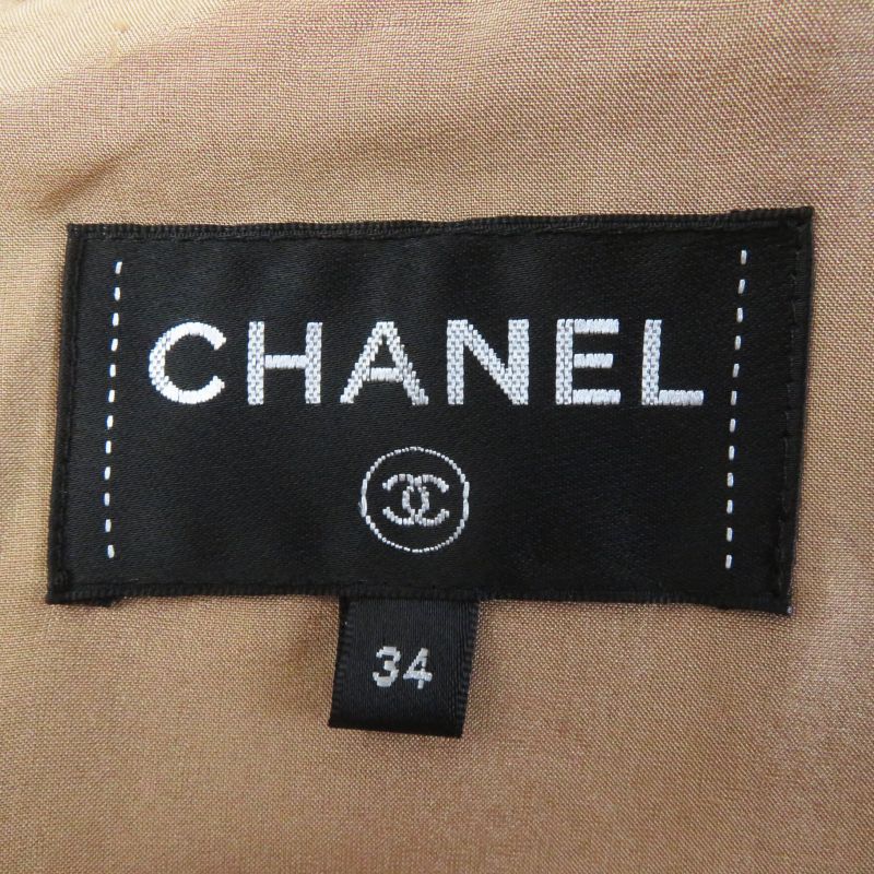 CHANEL P57978 French Sleeve Tweed Dress With Coco Mark Plate Beige Black 34