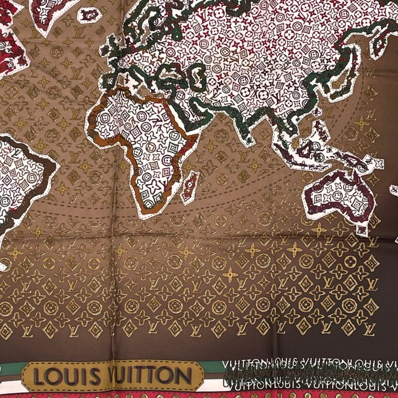 Louis Vuitton Scarf Silk Monogram Map Pattern Brown