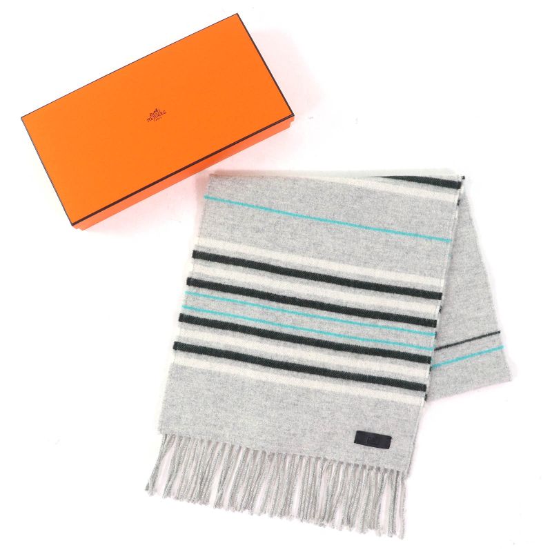 Hermes Neo Lo Cabasol 100% Cashmere Gris Chine Logo Leather Patch Fringe Scarf