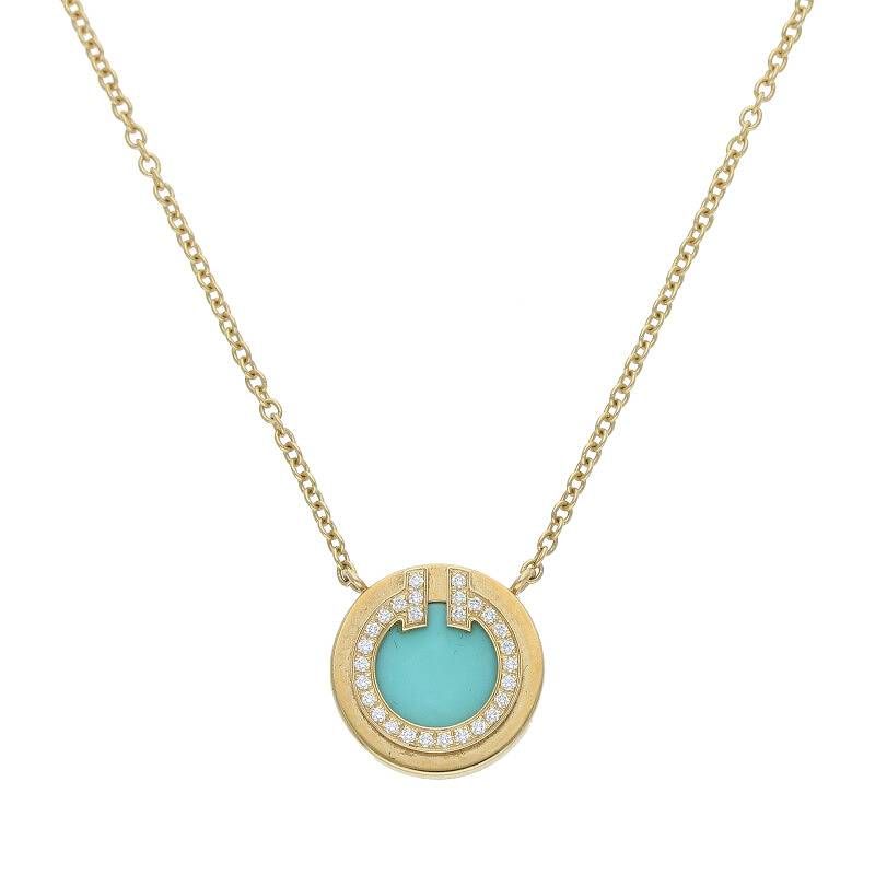Tiffany & Co T TWO Circle 18K Yellow Gold Diamond Turquoise Necklace Men's