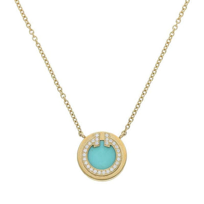Tiffany & Co T TWO Circle 18K Yellow Gold Diamond Turquoise Necklace Men's