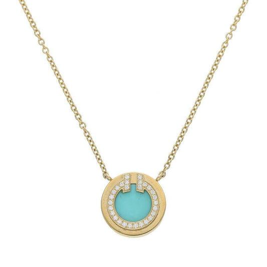 Tiffany & Co T TWO Circle 18K Yellow Gold Diamond Turquoise Necklace Men's