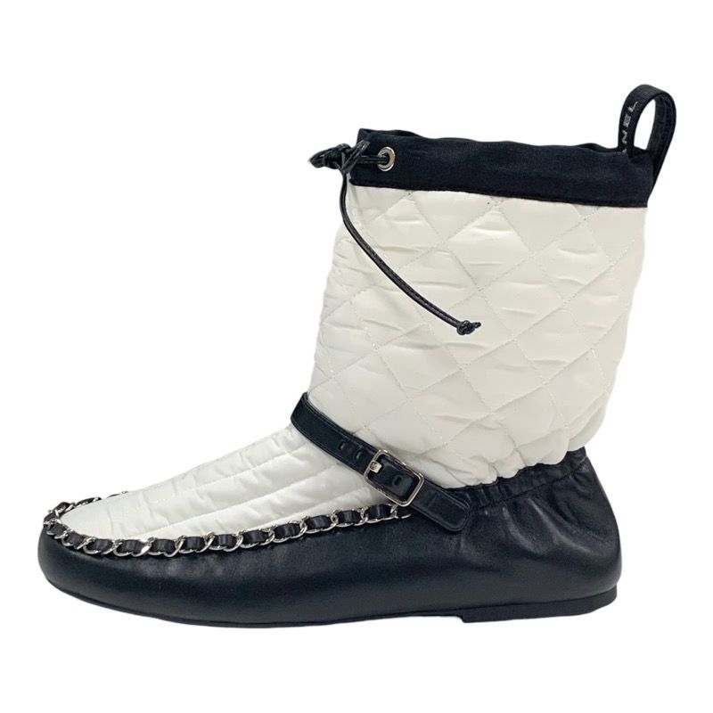Chanel Boots Short Boots Shoes Nylon Leather White Black Matelasse Chain Belt