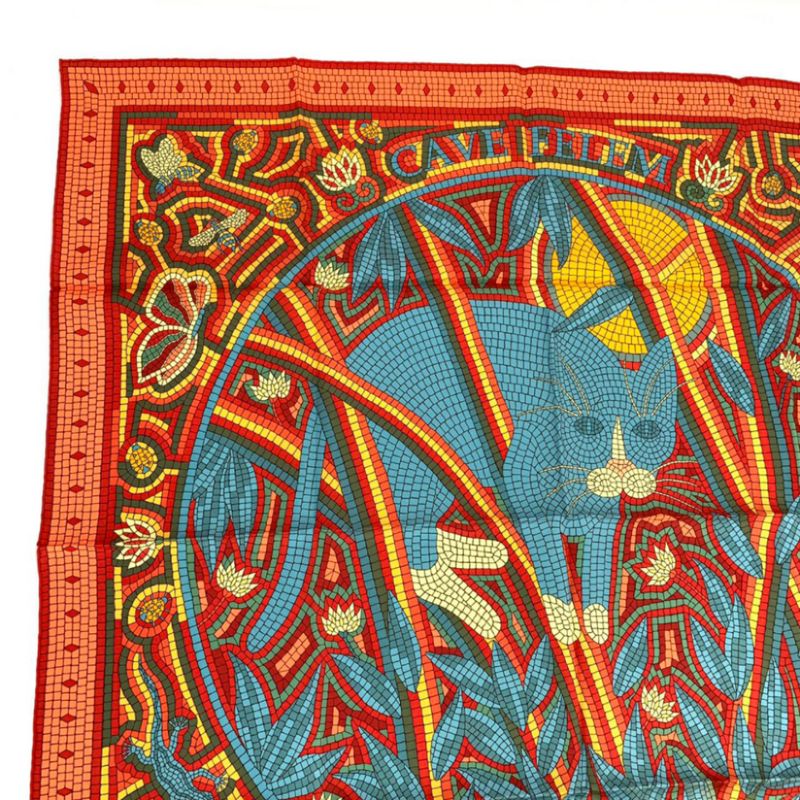 Hermes Carre 90 Large Scarf CAVE Felem Attention Cats 100% Silk