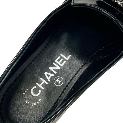 Chanel Loafers Leather Shoes Patent Black White Silver Here Mark Chain Flat