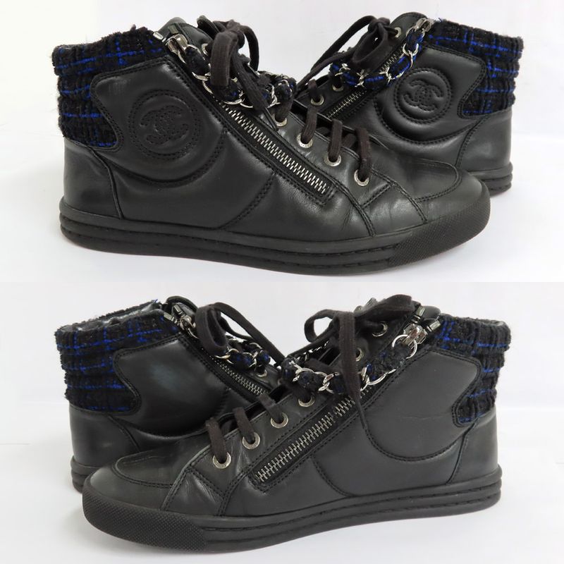 Chanel High Cut Sneakers Chain Double Zip 37 Coco Mark Black Leather