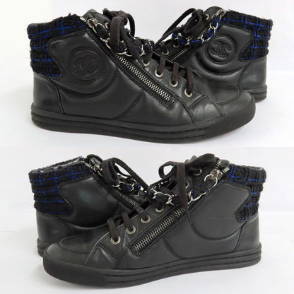 Chanel High Cut Sneakers Chain Double Zip 37 Coco Mark Black Leather