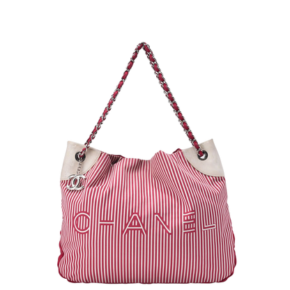 Chanel Chain Shoulder Bag With Coco Charm Striped Canvas Bicolor Silver