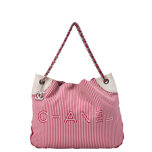 Chanel Chain Shoulder Bag With Coco Charm Striped Canvas Bicolor Silver