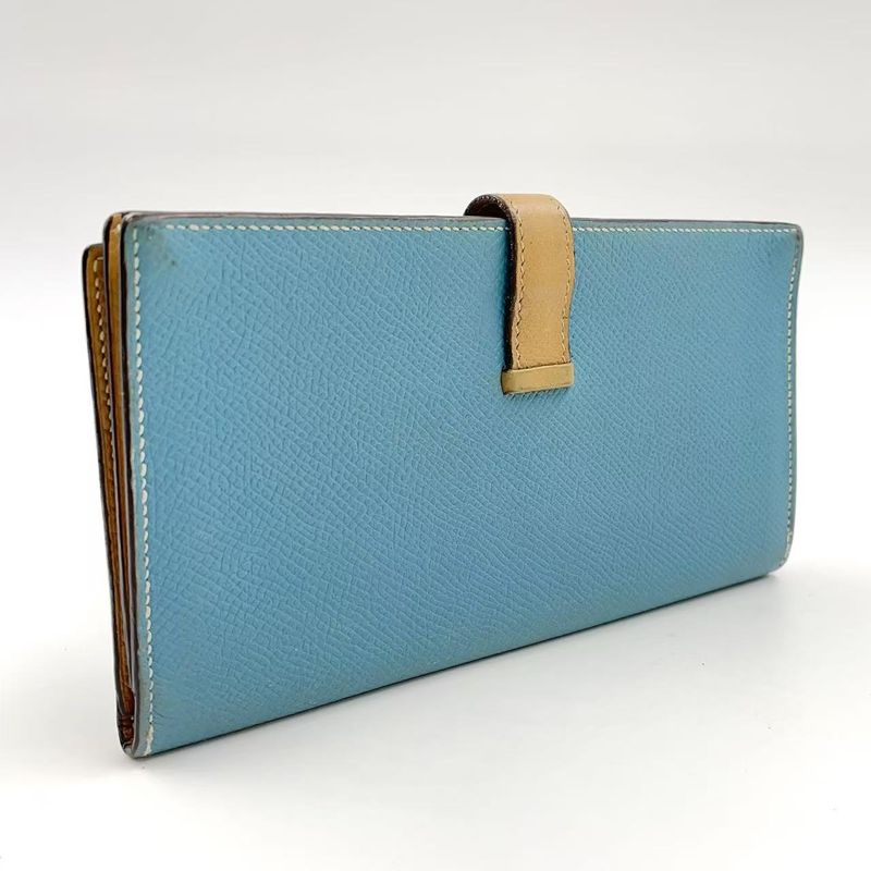Hermes Bearn Souffle Stamped □L Leather Turquoise Blue And Light Brown Long