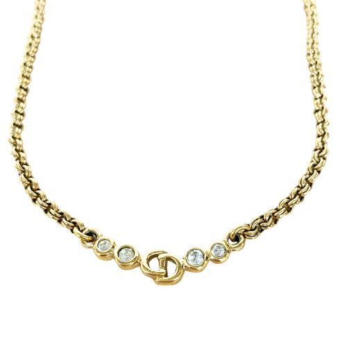 Christian DIOR Necklace Metal Vintage Rhinestone CD Logo Gold
