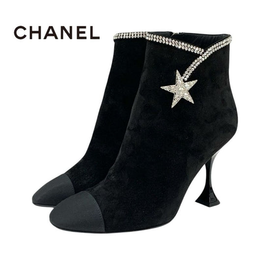 Chanel Boots Short Boots Shoes Suede Fabric Black Rhinestone Star