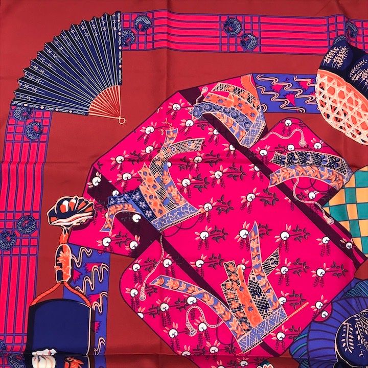Hermes Carre 90 Scarf Silk 100% Kimono and Inro Red