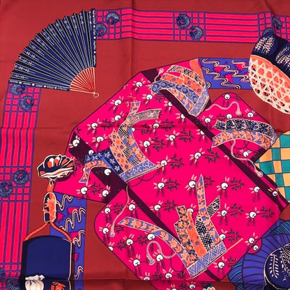 Hermes Carre 90 Scarf Silk 100% Kimono and Inro Red