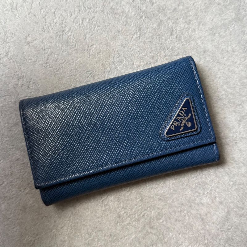 Prada Triangle 6 Continuous Key Case Saffiano Leather Rfid Navy Triangle Logo