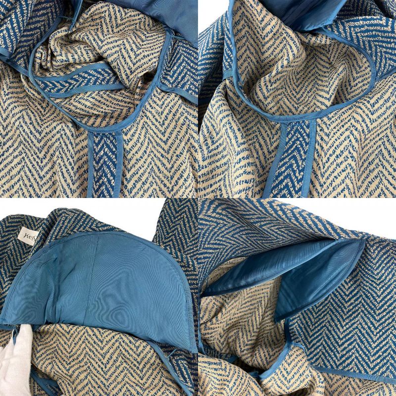 Yves Saint Laurent Ensemble 36 Acetate Rayon Green Beige Dress Jacket Herringbon