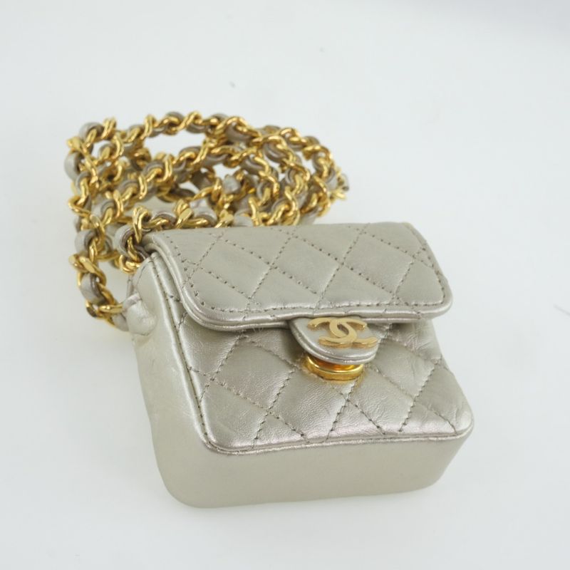 Chanel Chain Pochette Micro Matelasse Calf Silver Ladies Shoulder Bag