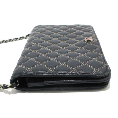 Chanel Wallet Matelasse /double Stitched Dark Navy And Pink Silver Hardware /