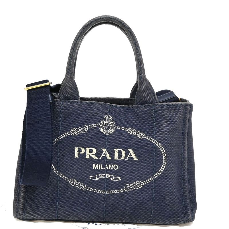 Prada Canapa 2WAY Shoulder Handbag Canvas Blue 86ka843