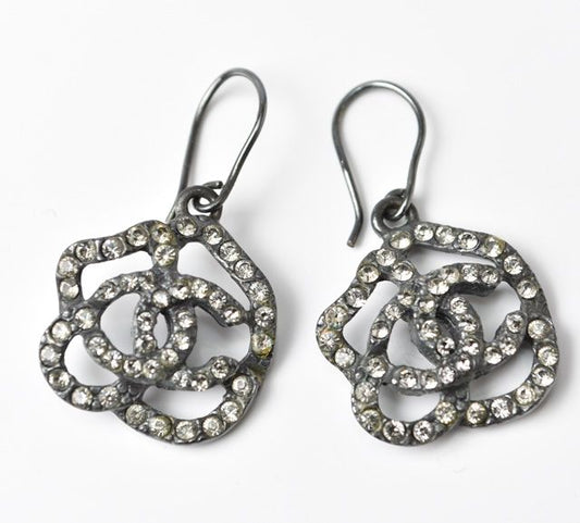 Chanel Earrings Camellia Motif With Coco Mark Rhinestones In Chrome Silver