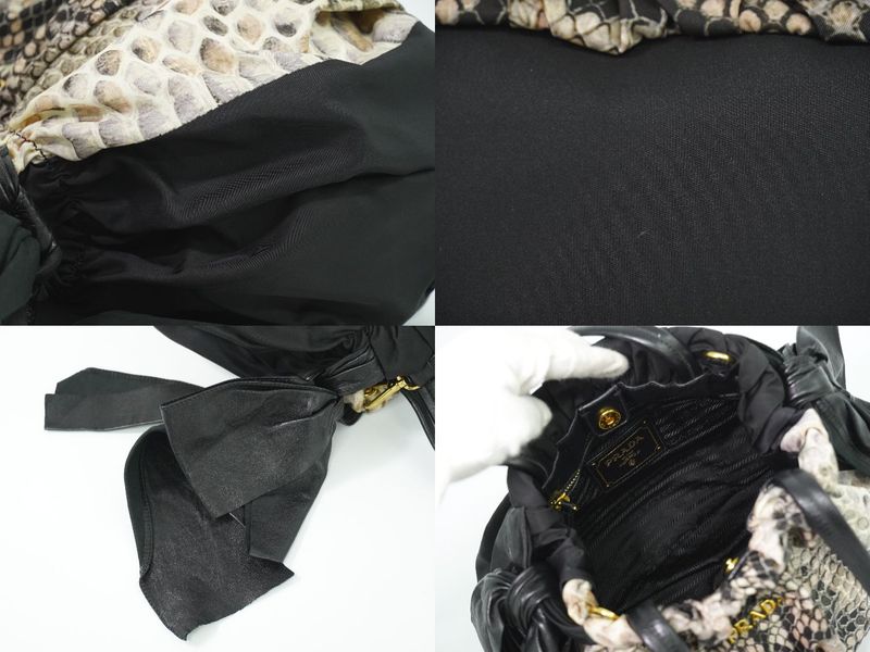 Authentic Prada Python Pattern 2WAY Shoulder Bag Handbag Pochette Nylon Black