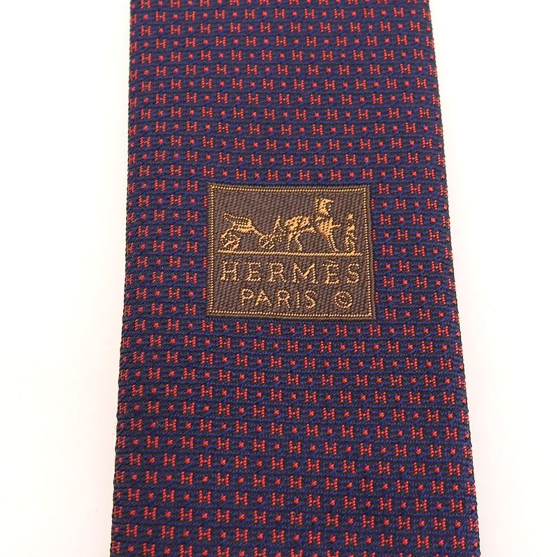 Hermes 659098t 100% Silk H Pattern All Over Tie Navy Red With Box Made In