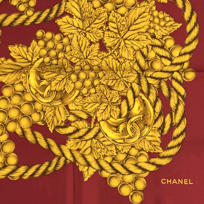 Chanel Scarf Women's Brand Coco Mark Silk Red Yellow Large Grape Tassel Autumn