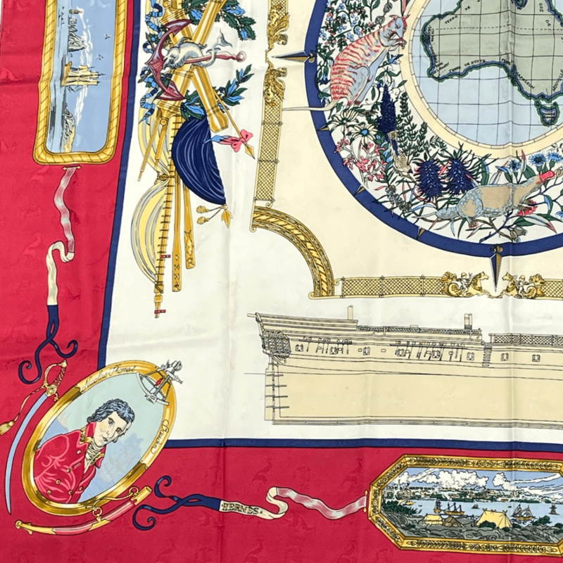 Hermes Carre 90 LE Geographe Geographer Red And Multicolor 100% Silk