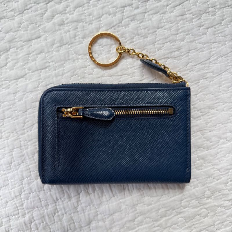 Prada Saffiano Leather Coin Case with Key Ring Navy Gold Hardware 1pp122 Bruette