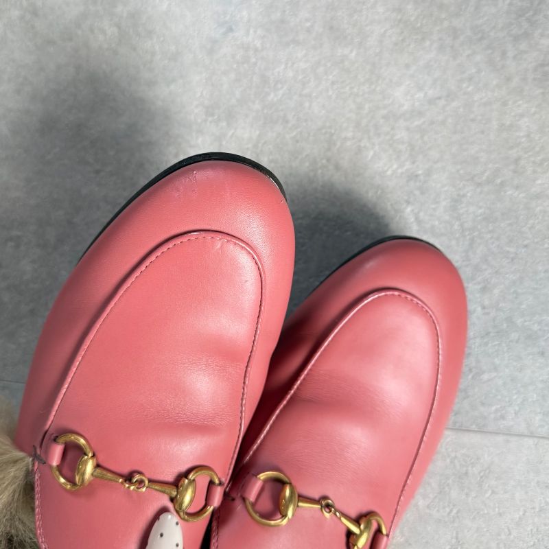Gucci Prince Town Horsebit Loafer Sandal Fur Slip on Pink Gold Hardware Leather