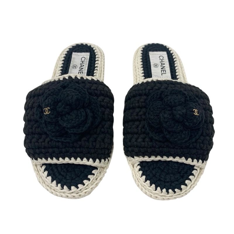Chanel Sandals Shoes Fabric Black White Coco Mark Camellia Knit Flat Mule